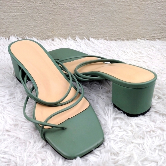 SHEIN Sage Green Faux Leather Square Toe Thin Strappy Block Heel Toe Ring Sandal - Picture 1 of 14